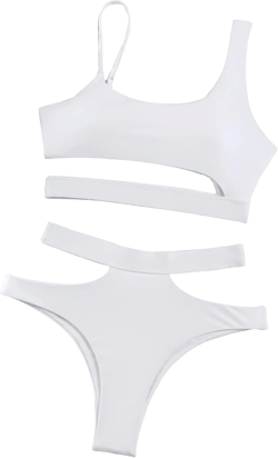 Lilosy Cutout Shoulders High Waisted Cut Leg Thong Brazilian Bikini Swimsuit Set Women Cheeky Bottom Bathing Suit 2 Two Piece Out White Small