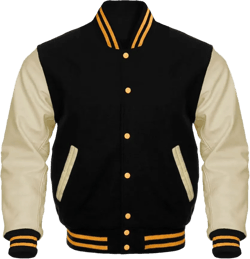Varsity Letterman Baseball Bomber Jackets Genuine Leather Sleeves & Multi Wool Color Options Large Black Cream Gold Strips