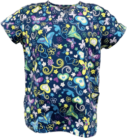 Womens V-Neck Ultra Soft Touch Microfiber Medical Scrub Top Animal Floral Unicorn S-3XL Small Blue Base Colorful Butterflies Flower Hearts