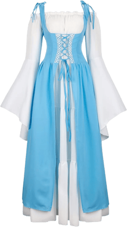 Womens Renaissance Cosplay Costume Medieval Irish Over Dress and Chemise Boho Set Gothic High Waist Gown Dress XX-Large Light Blue
