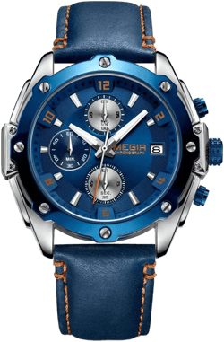 MEGIR Men Business Analogue Quartz Watch with Fashion Blue Leather Strap Chronograph Luminous Auto Calendar for Sport & Work 2074 Blue