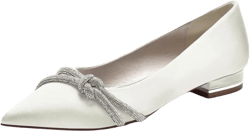 Satin Crystals Wedding Flats for Bride Pointed Toe Party Dress Shoes Flats Women Slip on Low Heel Office Flat Shoes,Ivory,7.5 US