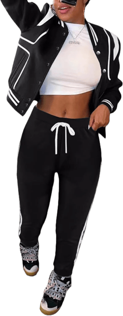 Fooullaide Women's Varsity Jacket Sweatsuit 2 Piece Tracksuit Crop Top Button Down Letterman Jackets Pants Sets
