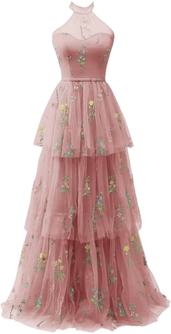 Cudiew Flower Embroidery Tulle Prom Dress for Women Halter Formal Floral Party Gowns Floor Length Dusty Rose 22 Plus