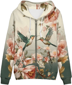 Poceacles Hoodies for Women Zip Up Jacket Coat Long Sleeve Shirt Hooded Cardigan Sweatshirt Fall Outfits Streetwear Hummingbird Flower Beige XX-Large