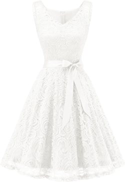 Dressystar Women Floral Lace Bridesmaid Party Dress Short Prom Dress V Neck Medium A- White