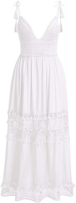 OBEEII Boho Dress for Women, Sleeveless V Neck Lace Up Tassel Summer Beach Maxi Dresses Flowy Long Sundress XX-Large White02