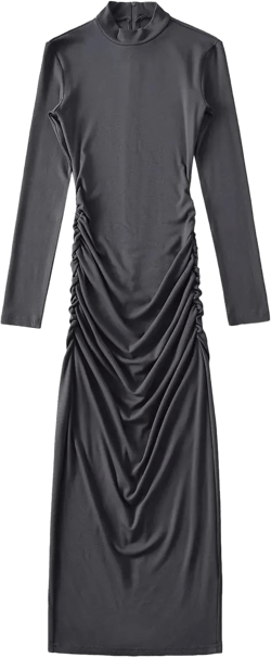 Women's Ruched Bodycon Dress Casual Plain Pleated Long Beach Dress Elegant Club Evening Party Cocktail Maxi Dresses Large Dark Grey