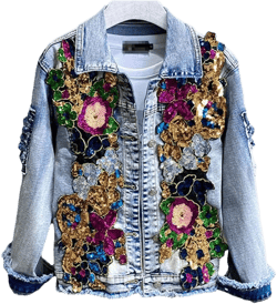 Women Denim Jacket Embroidery Rose Floral Beading Pearl Sequin Patch Epaulet Ripped Hole Bomber Denim Jacket L52-55KG Blue