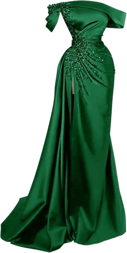 Women‘s Mermaid Beads Prom Dress with Slit Off The Shoulder Satin Evening Gown Pleated Long Formal Party Dress Emerald Green One Size