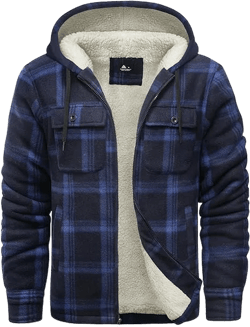 ZITY Men's Flannel Hooded Jacket Fleece Sherpa Lined Plaid Shirts Jackets Zip Up Sweatshirt Hoodies for Men with 4 Pockets Medium Navy