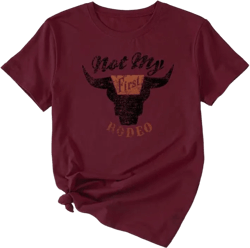 Not My First Rodeo Shirt Womens Casual Round Neck Vintage Country T Shirts Western Steer Skull Graphic Summer Tee Large Wine Red