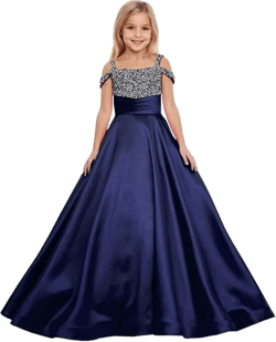 Girls Formal Dress Girls Off Shoulder Satin Party Dress Flower Girl Dresses for Wedding Girls Ball Gown 12 Navy Blue
