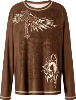 Women Y2K Graphic Pullover Sweatshirt Long Sleeve Oversized Vintage T-shirt E-girl Fairy Grunge Punk Tee Top E-brown Wing Cross Skull Large