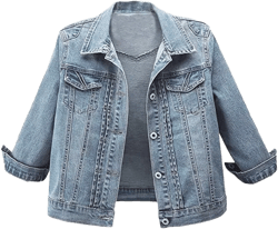 Omoone Women's 3/4 Sleeve Cropped Stretch Slim Denim Trucker Jacket Jean Coats Tops