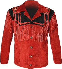 Mens Traditional Cowboy Western Suede Leather Jacket Handmade Buckskin Bead Fringe Jacket Native American Coat X-Small Black & Red