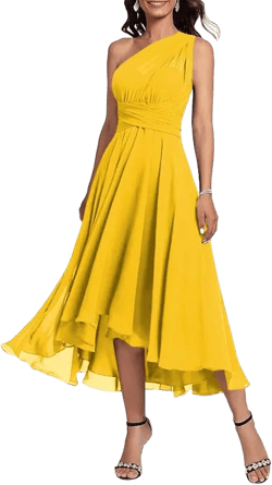 Women's Bridesmaid Dresses for Wedding Tea Length Infinity Chiffon Pleated High Low Formal Evening Party Gown Mustard Yellow 14