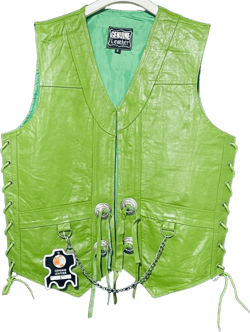Men&#39;s Green Leather Fringed Concho Chain Vest Motorcycle Biker Vest S to 5XL