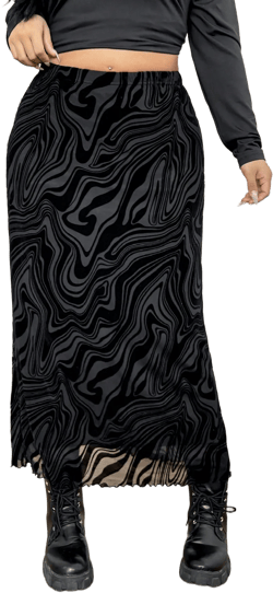SHEIN EZwear 1pc Women Plus Size Patterned Flocked Mesh Lined A-Line Skirt, Black
