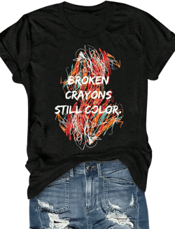 SHEIN Essnce Plus Size Casual Short Sleeve T-Shirt With Graphic Doodles And Lines Hot Stamping Pattern, Regular Shoulder, BROKEN CRAYONS STILL COLOR Graphic Tees Women Tops
