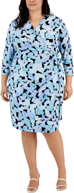 Anne Klein Plus Size Printed Wrap Dress Siren Blue/Bright White 0X