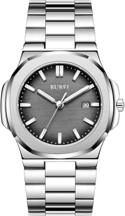 BUREI Fashion Minimalist Business Men's Wrist Watches Stainless Steel Waterproof Quartz Watch for Man black silver