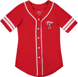 Ladies Mickey Mouse Fashion Shirt - Mickey & Minnie Mouse Baseball Jersey - Disney Mickey Mouse Button Down Baseball Jersey (Red Baseball, Medium)