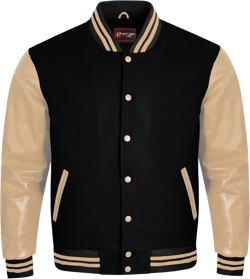 Men's Varsity Letterman Bomber Jacket Wool Body Cream Genuine Leather Sleeves 18 Colors Classic Style Medium Black