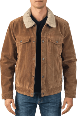 Alpine Swiss Aaron Mens Trucker Jacket Sherpa Collar Vegan Leather Warm Casual Coat Large Faux Suede Tan