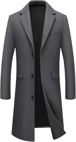 FTIMILD Mens Wool Blend Coat Notch Lapel Single Breasted Long Trench Coat Winter Overcoat with Pockets Grey Medium