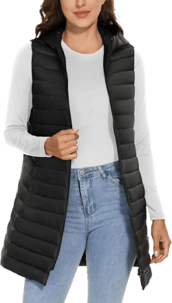 ELFJOY Long Puffer Vest Women Lightweight Down Vest with Hood Winter Warm Womens Vests Outerwear Sleeveless Puffer Jacket X-Large Black