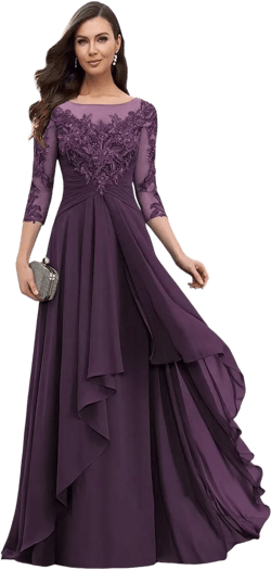 Lace Applique Mother of The Bride Dresses Long Sleeve Plum Womens Formal Dresses for Wedding Vestidos Elegantes 6