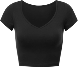 Women's Basic Short Sleeve Crop Top Cotton Crop Tee Shirts Medium Black/V-neck