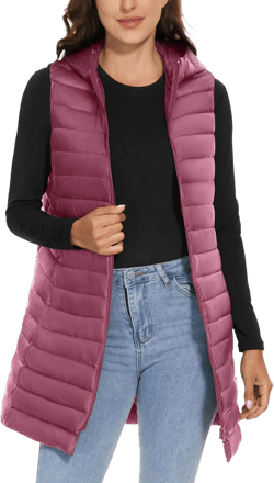 ELFJOY Long Puffer Vest Women Lightweight Down Vest with Hood Winter Warm Womens Vests Outerwear Sleeveless Puffer Jacket Large Pink