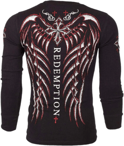 Archaic by Affliction Men's Thermal Shirt Spine Wings Black Large Black