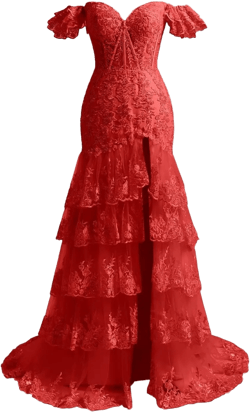 Eightale Tulle Tiered Sparkly Prom Dresses Red Off Shoulder Lace Applique Long Mermaid Ruffle Corset Sequin Layered Slit Formal Party Evening Gown US12 at Amazon Women’s Clothing store