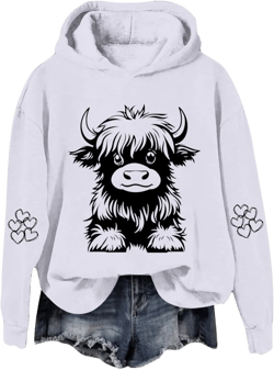 Highland Cow Hoodies for Women Cute Funny Graphic Sweatshirt Cowgirl Long Sleeve Plus Size Oversized Pullover Tops White 3X-Large