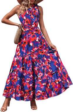 PRETTYGARDEN Women's Summer Floral One Shoulder Maxi Dress Knot Ruffle Boho Beach Vacation Wedding Guest Long Dresses Dark Blue Orange Floral XX-Large