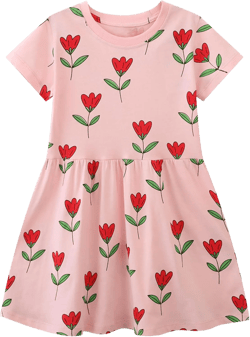 Hongshilian Little Girls Casual Cotton Dress Cartoon Print Short Sleeve Summer T-Shirt Skirt Dresses 4T Tulip & Pink