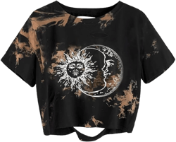 Avanova Women Sun Moon Graphic Distressed Crop Top Oversized Short Sleeve Ripped Tee Shirt Medium Tie Dye Brown