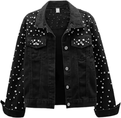 Generic Women Black Denim Jacket with Shirt Collar and Rhinestone Embroidery