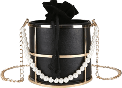 Clutch Bag for Women Pearl Evening Bags Top-Handle Metal Bucket Bag Crystal Chic Purses Formal Wedding Handbags Black