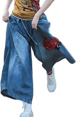 Womens Casual Loose Cropped Jeans Wide Leg Denim Pants Skirts Vintage Pants Trousers Elastic Waist with Pockets Small-Large 80% Length Blue
