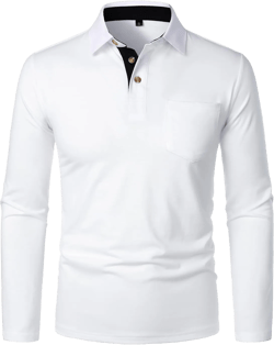FANARCHER Men's Casual Polo Shirts Classic Long Sleeve Shirt Solid Color Button T-Shirts Cotton Tees Golf Stylish Tops Small White