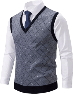 GORGLITTER Men's Argyle Sweater Vest Sleeveless V Neck Knit Vest Top Business Tank Top Office Knitted Sweater Large Grey