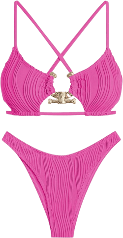 ZAFUL Women's Sexy Cutout Bikini Set High Cut Textured Metal Ring Cheeky Swimsuit Two Piece Bathing Suit Rose Red Large