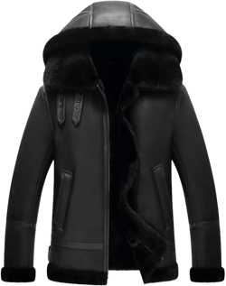 Denny&Dora Hooded Shearling Jacket Mens B3 Flight Jacket Short Leather Jacket Mans Sheepskin Aviator Fur Coat X-Large Black
