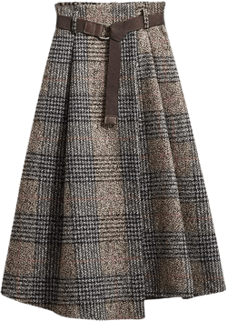 chouyatou Women's Vintage Plaid Wool Blend Midi Skirt Houndstooth A Line Wool Long Skirt with Belt