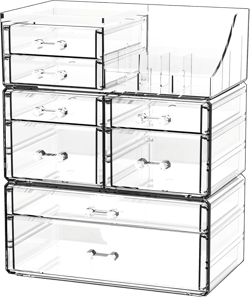 Yieach Clear Make up Organizers for Counter,Acrylic Makeup Organizer With 8 Drawer for Dresser Top and Bathroom,Plastic Skincare Organizer for Lipstick,Brush,Beauty Products and Cosmetic Storage 8 Drawers-Set of 3
