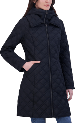TAHARI Women's Quilted Jacket – Silky Taffeta, Water-Resistant, Attached Hooded Bib, Zip-Out Front, Fully Lined Small Navy
